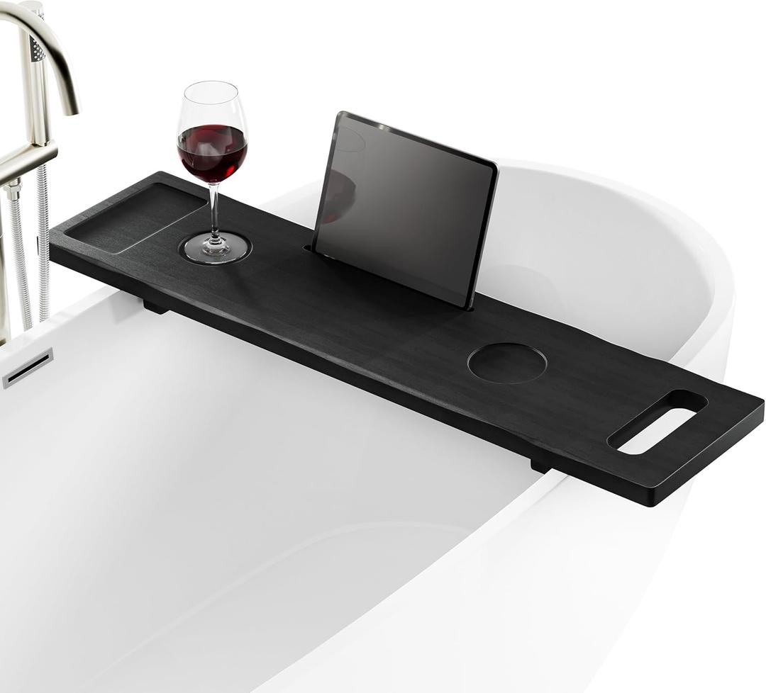 Tinamo Acacia Bathtub Caddy Tray Table | 39x9.8 Inch Large Bath Tub Wooden | Anti-Tipping, Sustainable Tub Tray for Bath tub | Bath-tub Accessories Holders for Bath-tub (Black Color)