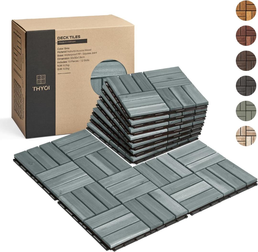THYOI Premium Deck Tiles, Patio Flooring - Outdoor Waterproof Acacia Wood Tiles for All Weather Use - Balcony, Backyard, Indoor & Outdoor (Square Ft) (10, Grey, 12S)