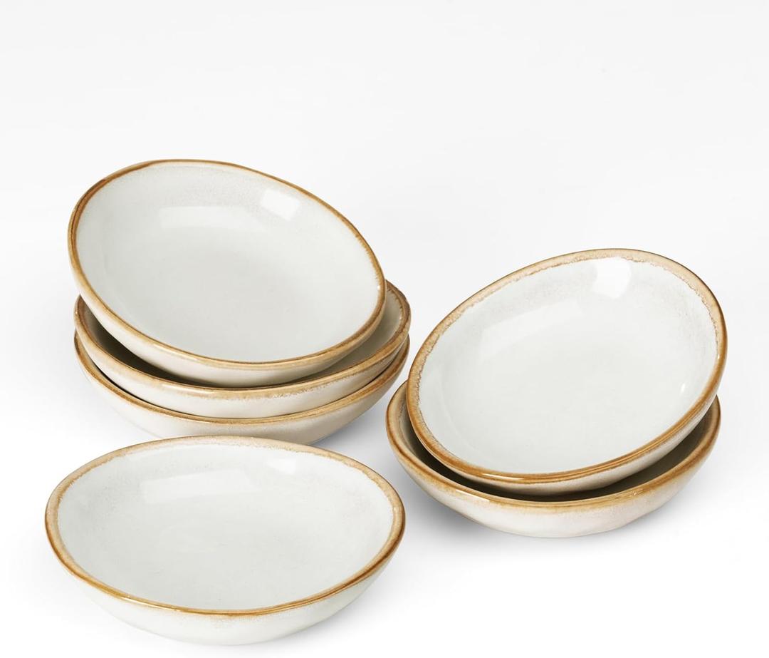 famiware Ocean Soy Sauce Dishes of 6, Oval Dipping Sauce Cups/Bowls/Dishes for Kitchen, 2.1oz Ceramic Small Bowls for Side Dishes, Appetizers, Snacks, and Sushi, Reactive Glaze, Cappuccino White
