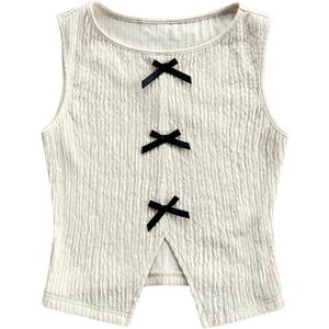 MakeMeChic Women's Textured Bow Knot Tank Top Crew Neck Sleeveless Slit Hem Crop Tops (Beige, XS)