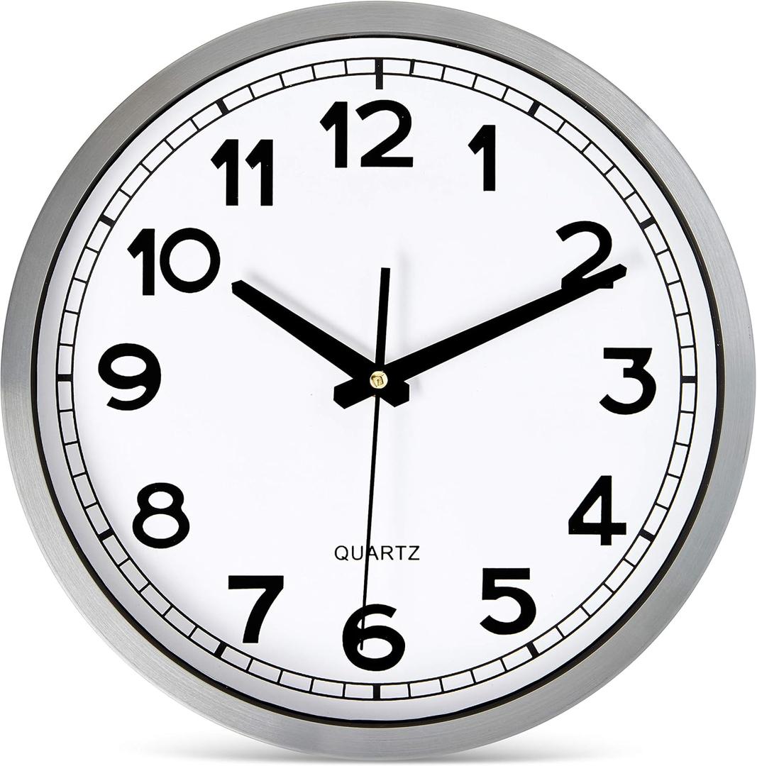 Bernhard Products Wall Clock Silent Non-Ticking Large 12" Silver Metal Frame Quartz Battery Operated Easy to Read Office Classroom Kitchen Living Room Bathroom Sweeping Clocks, Black Modern Numbers