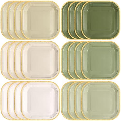 Tiangrid 60 Pcs Sage Green Paper Plates 7 Inch Gradient Disposable Square Dessert Party Plates with Gold Edge for Birthday Wedding Bridal Baby Shower Party Supplies, 6 Colors