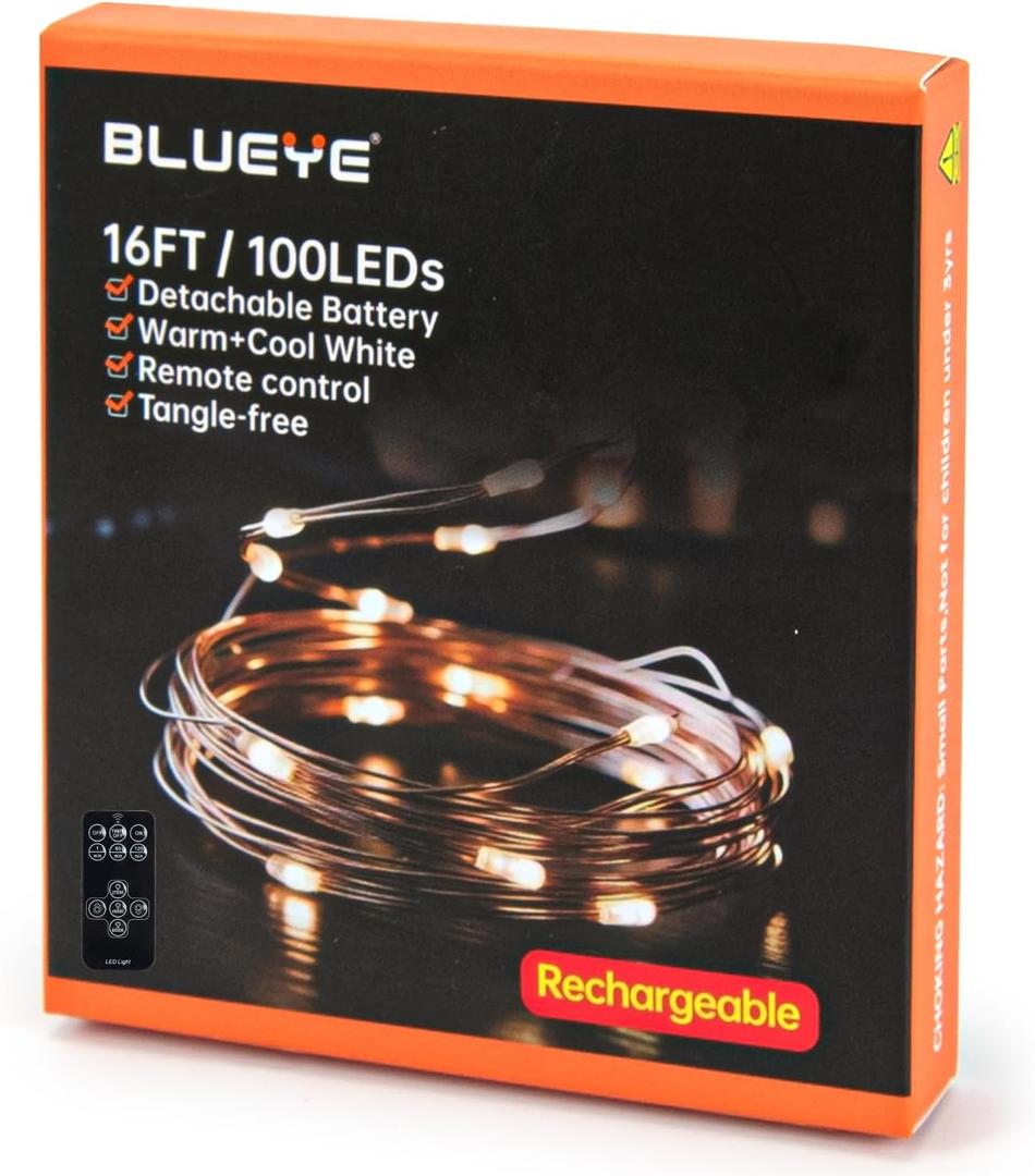 3 x BLUEYE 16FT 100LEDs Rechargeable Fairy Lights,Remote Control,3 Off Timers,Detachable Battery Operated,Tangle-Free Camping String Light,Twinkle for Christmas,Party,Wedding(Cool+Warm White,1Pack)