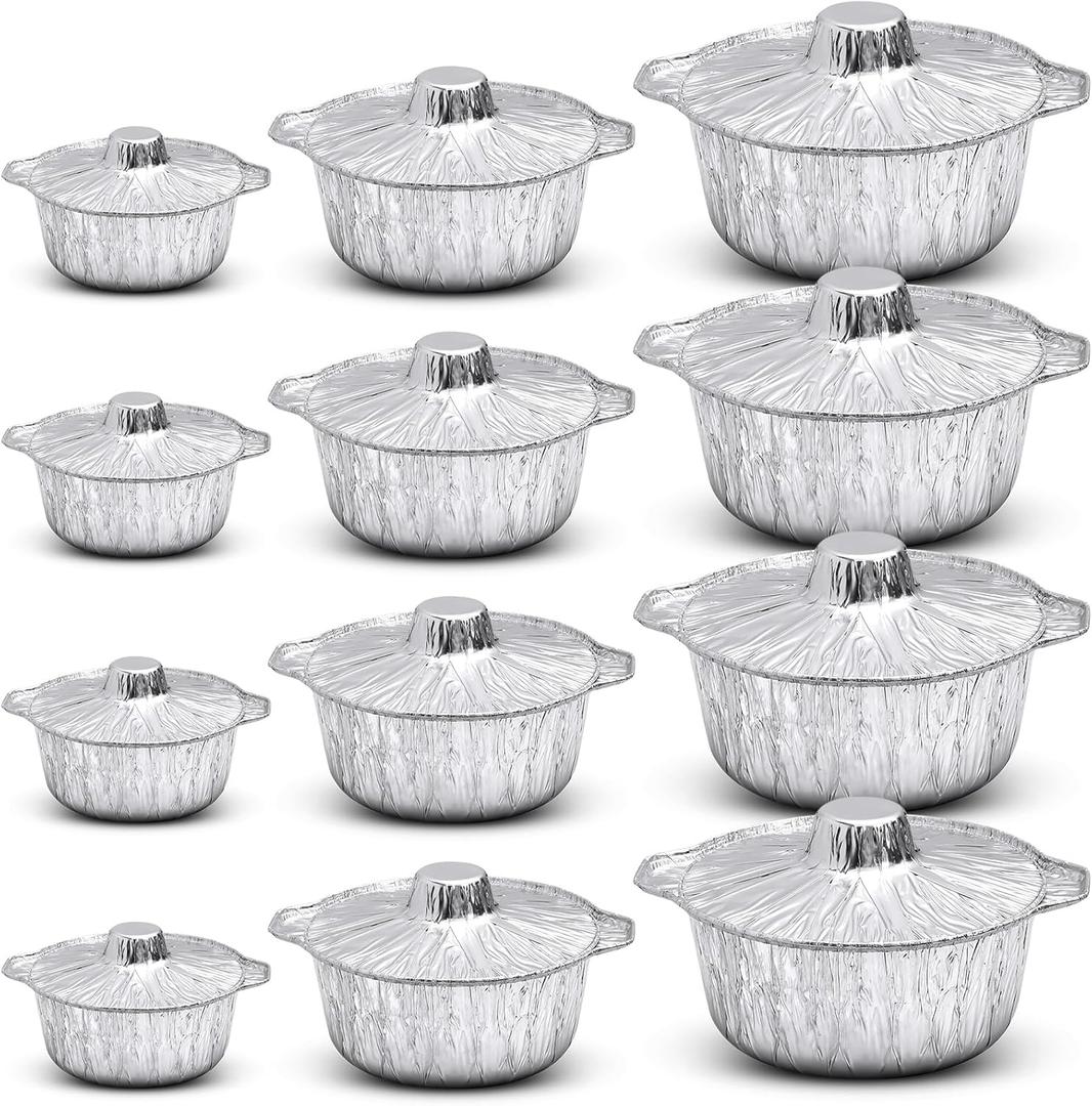 Disposable Aluminum Pot with Lid Round Foil Pans Disposable Cookware Food Container for Vacation Trips Camping Baking Heating Cooking(12 Pcs,33.8, 67.6, 121.7 oz)