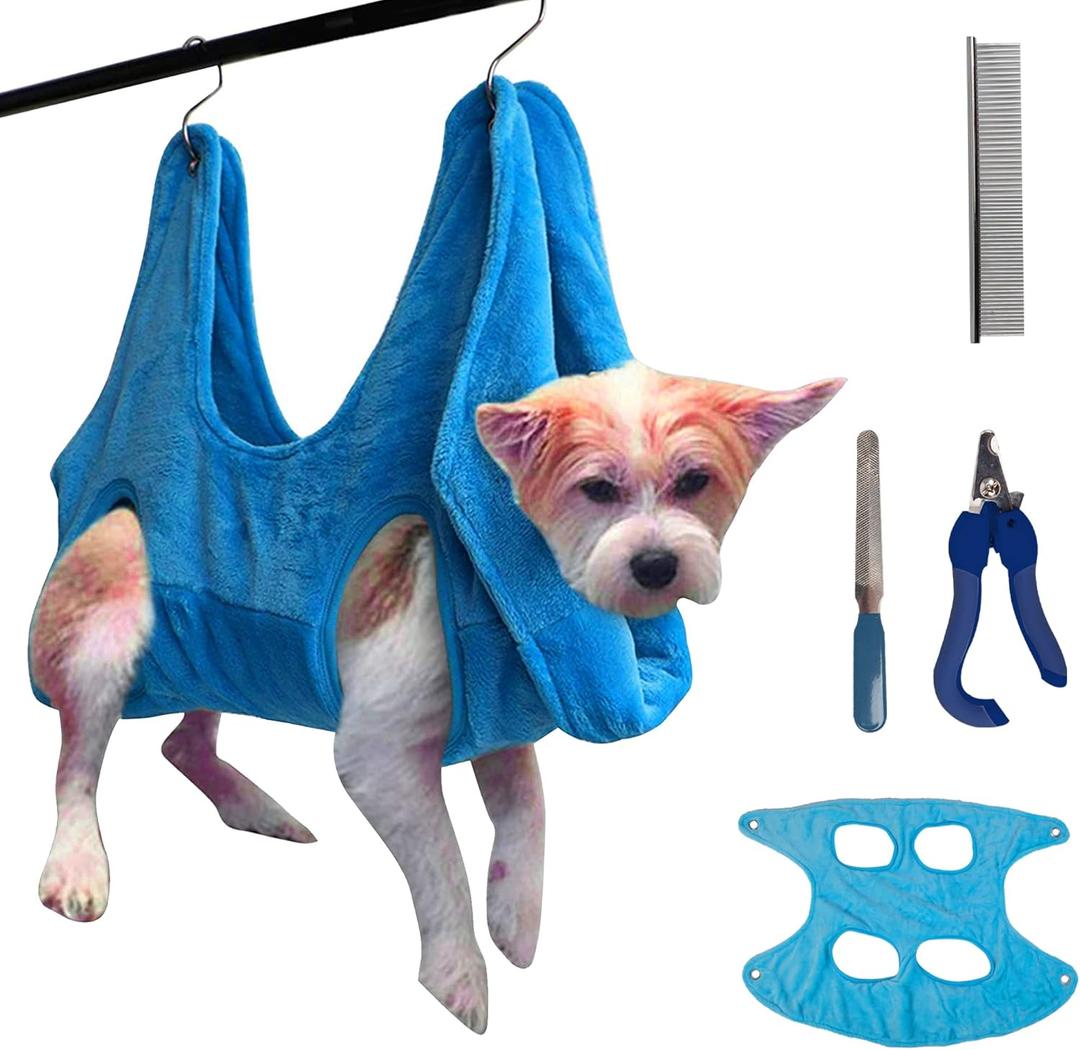 Dog Grooming Hammock - Dog, Cat Grooming Kit, Trimming Nails, Giving Eardrops, Eyedrops, Multipurpose Pet Harness (Blue) (Small)