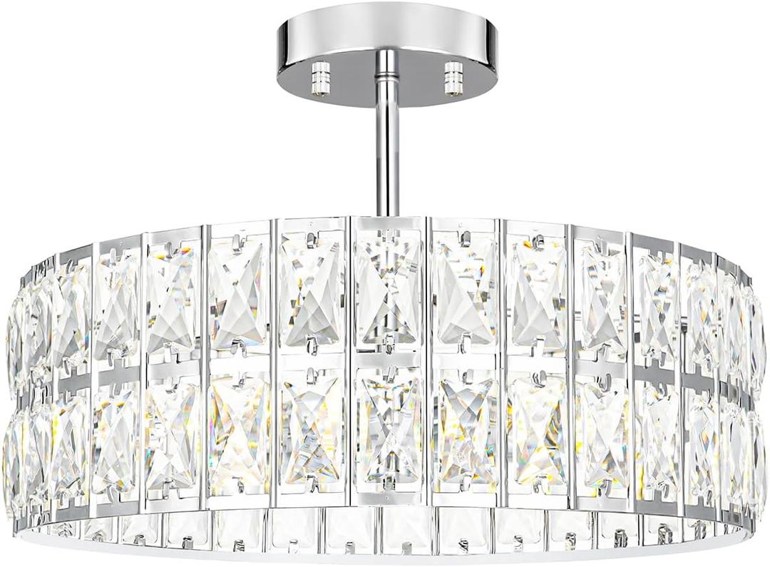 Lxybcce Crystal Ceiling Light Fixture, Modern Chrome Ceiling Light Chandelier, Semi Flush Mount Chandelier Lighting Fixture for Kitchen Entryway Living Room Dining Room, 5-Light, 16 Inch