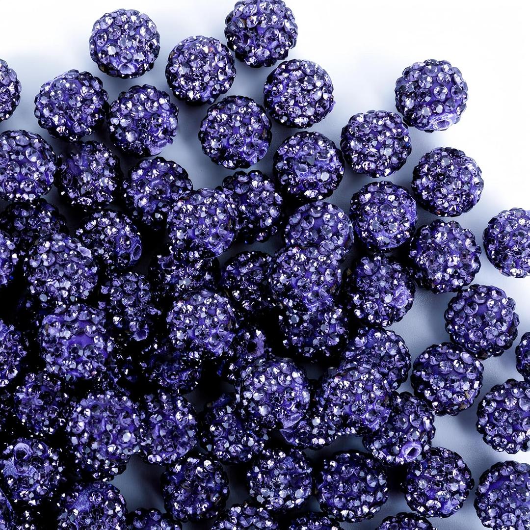 10mm Clay Rhinestone Beads for Bracelets, 100 Pcs Sparkle Crystal Beads for Jewelry Making, Glitter Round Shamballa Disco Ball Design for DIY Crafts Necklace Earrings Decoration (Purple)