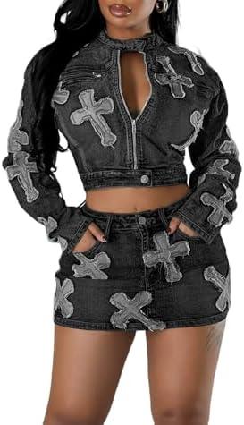 Vssjavun Women 2 Piece Denim Outfit Sexy Long Sleeve Zip Up Jean Jacket Bodycon Mini Skirt Sets, XXL