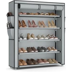 Shoe Rack with Cover, 5 Tier Shoe Organizer Storage for 20-24 Pair Shoes and Boots Large Shoe Storage Shelf Space Saving Vertical Shoe Rack for Closet, Front Door Entrance, Dorm, Garage, Grey