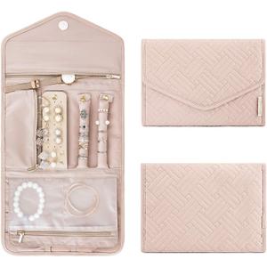 BAGSMART Travel Jewelry Organizer Roll Foldable Jewelry Case for Journey-Rings, Necklaces, Bracelets, Earrings, Soft Pink (Medium)