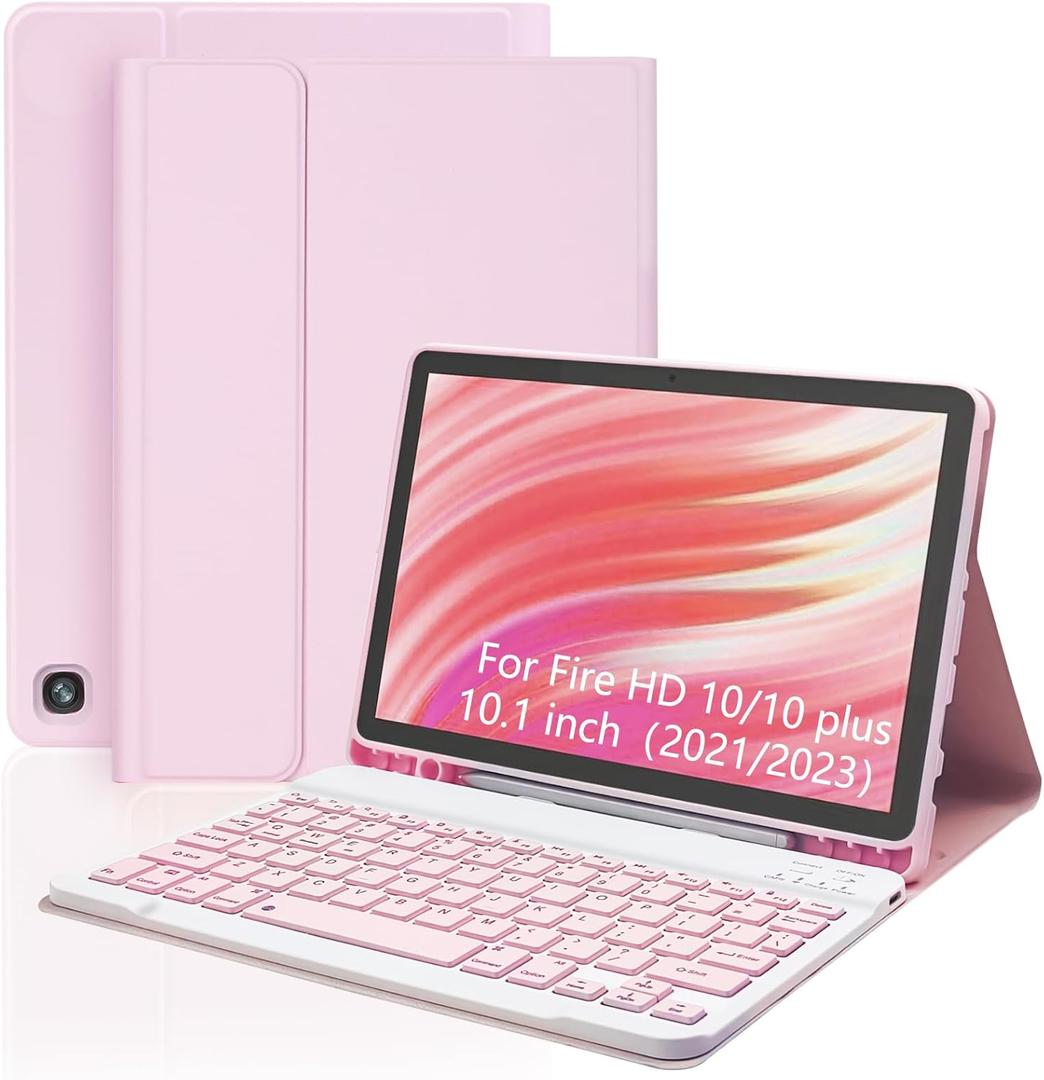 Keyboard Case for Amazon Fire HD 10/10 Plus 10.1 inch, Detachable Keyboard with Type-C Charging Port Cover (Pink+Pink)