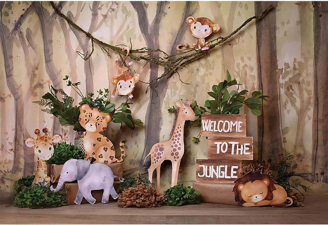 8x6ft Welcome to The Jungle Backdrop Safari Animals Wooden Photography Background Cartoon Forest Baby Shower 1st Birthday Decoration Cake Smash Candy Table Booth Studio Props Vinyl