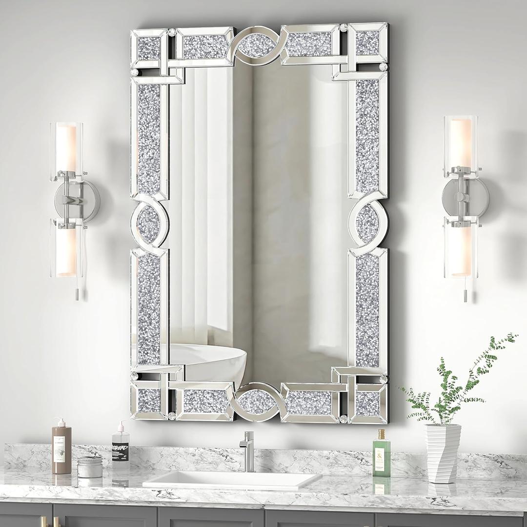 ENENE Crystal Mirror for Wall Decor 36''x24'' Crush Diamond Silver Mirrors for Wall Rectangle Decorative Mirrors for Living Room Bathroom Bedroom Entryway Dining Room