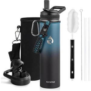 RAYMYLO Insulated Water Bottle 24oz, Triple Wall Vacuum Stainless Steel (Cold for 24Hrs, Hot for 12Hrs), Leak Proof & Non-BPA, 24oz Hydro Water Flask with Paracord Handle & Straw Spout Lids (Indigo/Black)