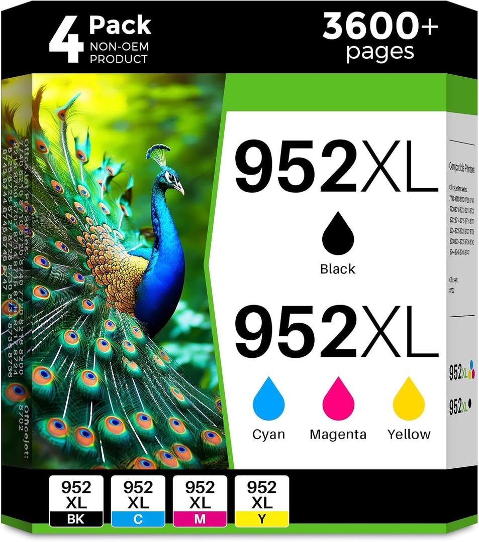 Compatible 952XL Ink Cartridges Replacement for HP 952 952XL Ink Cartridges Combo Pack Works with HP OfficeJet Pro 7740 8710 8720 8702 7720 8210 8216 8715 8725 8730 8740 Printers (4 Packs)
