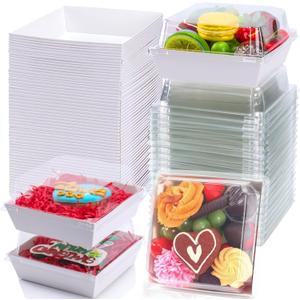 RomanticBaking 100 Pack 4x4x2.55 Inches Charcuterie Boxes with Clear Lids - Bakery, Cookies, Chocolate Covered Strawberries, Mini Cake, Pie, Cinnamon Roll Treat Boxes for Parties (White)