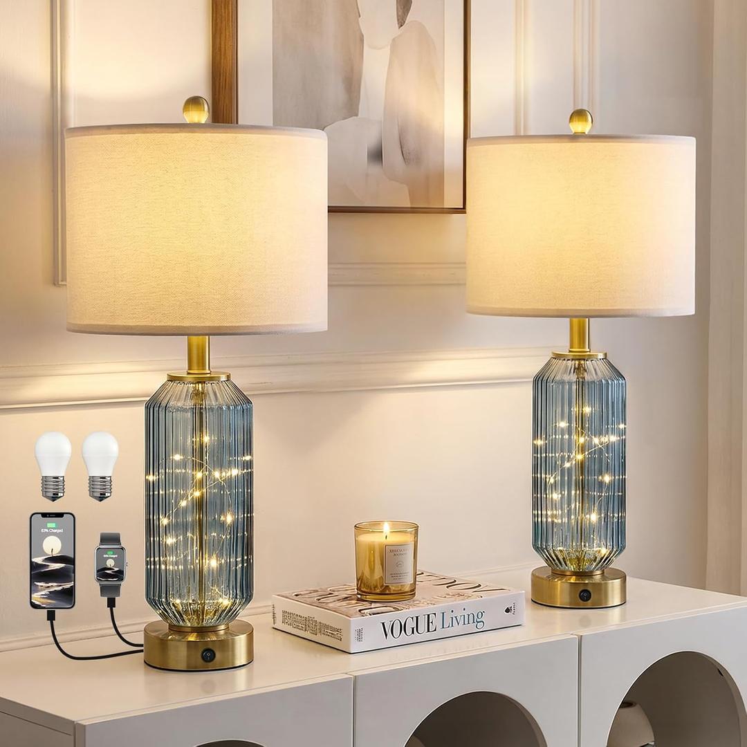 Oneach 24.5" Bedside Table Lamps Set of 2, Blue Coastal Nightstand Lamps with Night Light, USB A+C Charging Ports, Glass Lamps for Bedroom, Living Room, End Table (2 Bulbs Included)