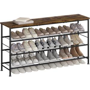 SUOERNUO Shoe Rack Organizer 4 Tier for Closet Entryway Free Standing Metal Storage Shoe Shelf with MDF Top Board (Black+Rustic Brown, Large 4 Tier)