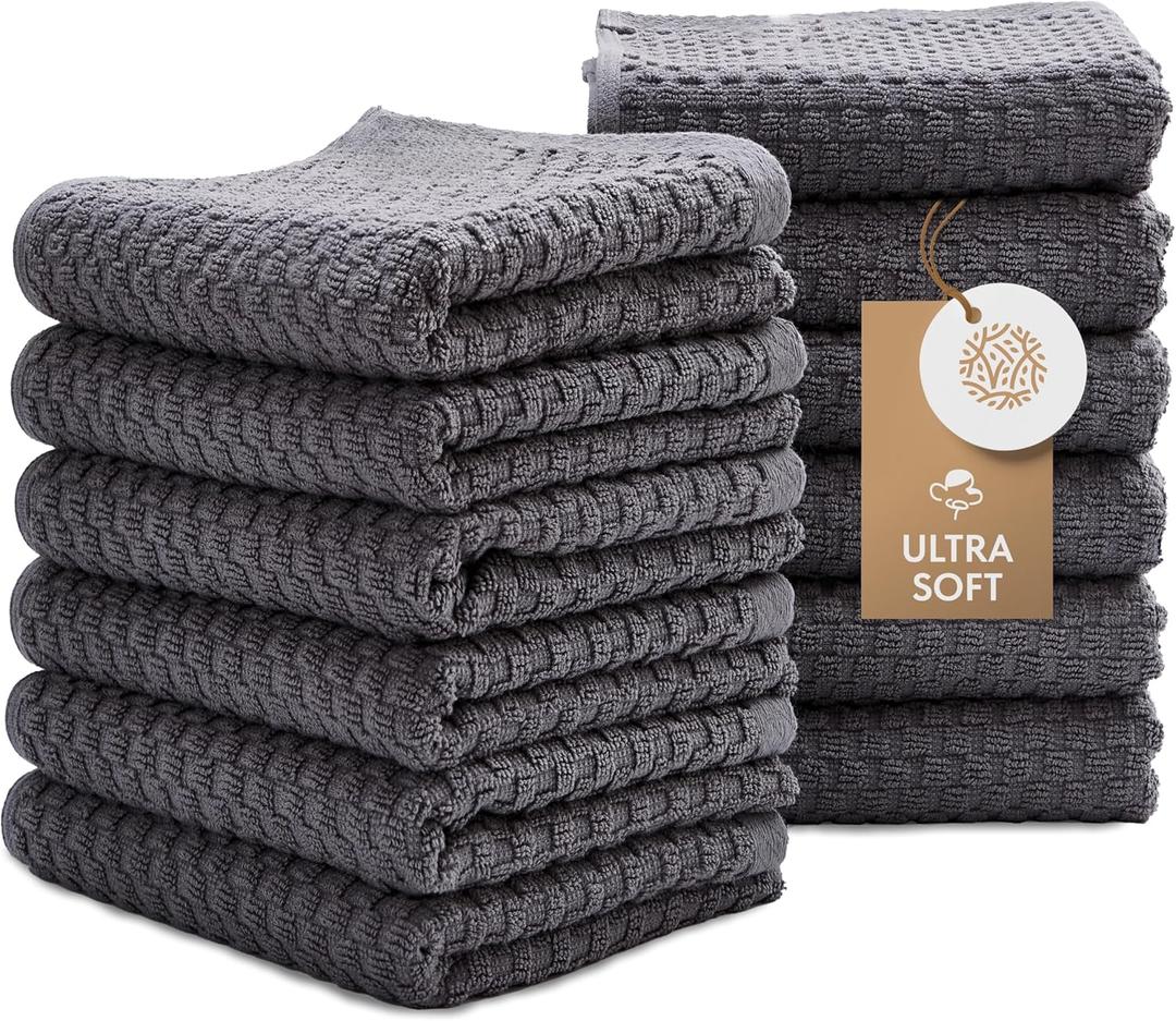Wealuxe Super Absorbent Kitchen Towels 12 Pack - Premium 100% Cotton Kitchen Towels, 450GSM Thick Machine Washable Gray Dish Towels for Kitchen Drying, Cleaning, Dobby Weave, Unmatched Quality (15x26, Grey)