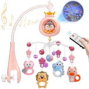 Baby Mobile for Crib, Crib Mobiles with Music and Lights, Nursery Hanging for Girls Boys Bassinets Toys, Musical Arm for Pack and Play, Space Portable Animal Clip On (Pink)