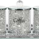 Topsky Coffee Sugar Tea Crystal Canister Set of 4, Sparkly Crystal Crushed Diamonds Home Decor, Silver Kitchen Coffee Jar Storage Set with Label & Lid, Storage Container Set for Countertop, Dining Room
