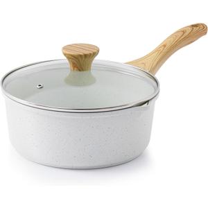 SENSARTE White Ceramic Nonstick Saucepan with Double Spout 3.0 Quarts, Cooking Pot with Stay Cool Handle, Induction Compatible Saucepot, White Granite Coating, Free of Intentionally Added PFOA/PFAS