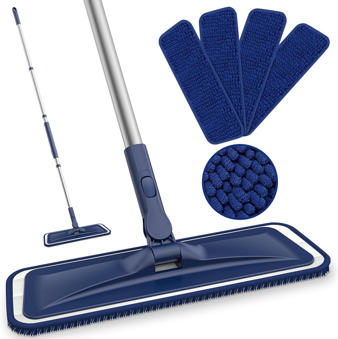 BPAWA Microfiber Mops for Floor Cleaning - Flat Floor Mop with 4 Washable Chenille Pads Dry Dust for Hardwood Laminate Wood Tile Vinyl Wall Hard Surfaces - 150cm Adjustable Long Handle