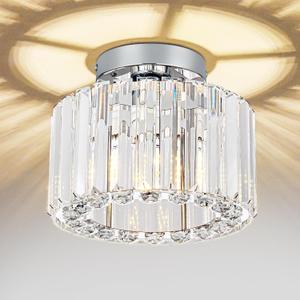 Crystal Ceiling Light, Chrome Semi Flush Mount Lighting Fixture Modern Chandelier, 8.66 Inch Mini Flush Mount Ceiling Lamp for Hallway Entryway Kitchen Bedroom
