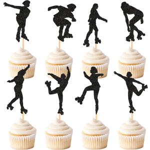 6 x Ercadio 24 PCS Roller Skate Cake Topper Girl in Roller Skating Cake Toppers Retro Hip Hop Theme Party Cake Decoration for Boys or Girls 80s 90s Skating Theme Party Decorations Black