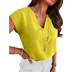 ANRABESS Women Tops Cap Sleeve Dressy Casual V Neck Shirts 2026 Summer Business Work Blouses Outfits Trendy Spring Clothing (Medium, Yellow)