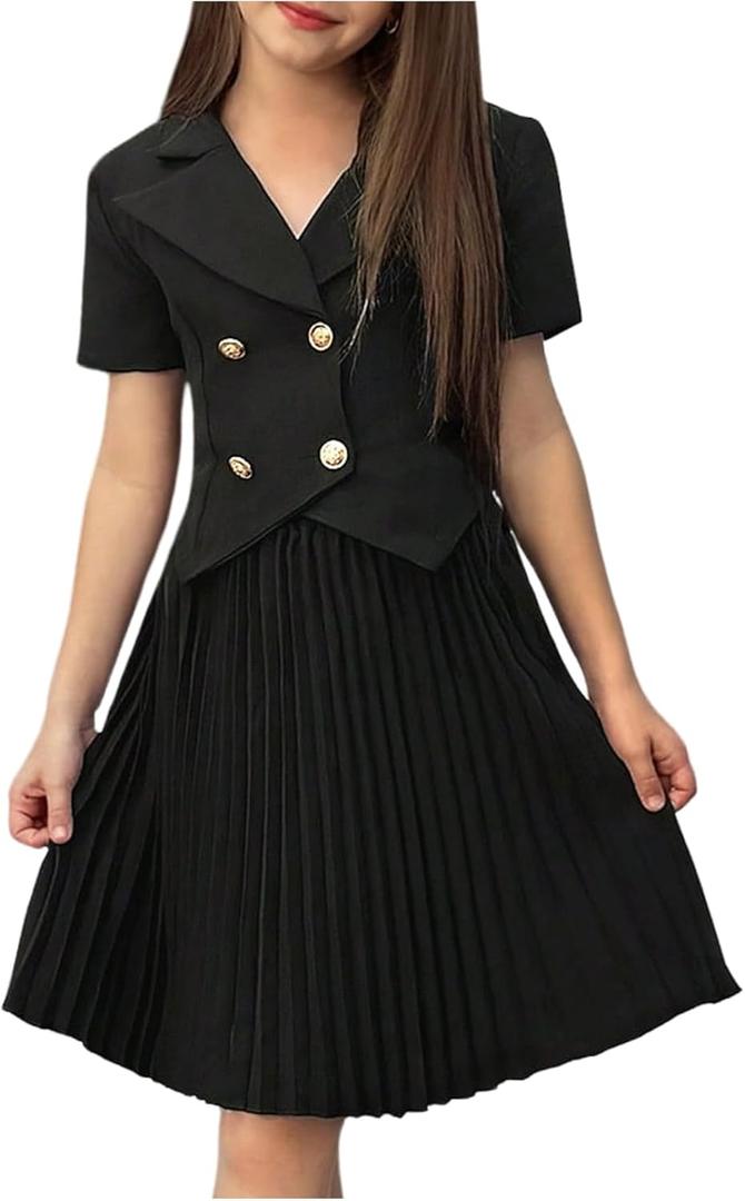 Verdusa Tween Girl's Clothing Set 2 Piece Outfits Button Down Collared Tops with Pleated Skirt Set (Black, 11Y)