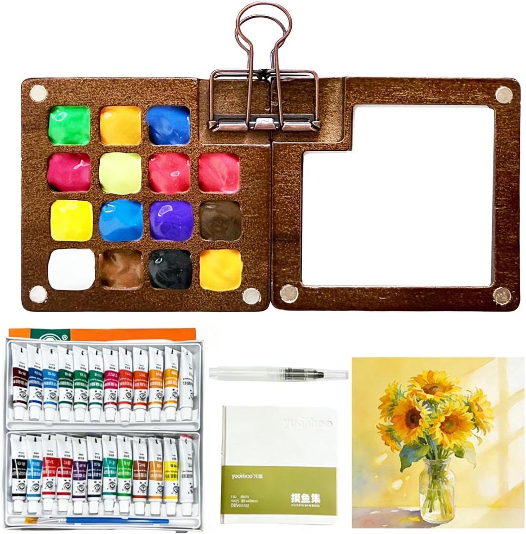 Mini Watercolor Paint Set for Travel Pocket Watercolor Kit with Mini Palette, 24 Colors, Brush, Sketchbook & Copper Clip, Portable Watercolor Painting Set for Beginners, Artists & Outdoor Sketching