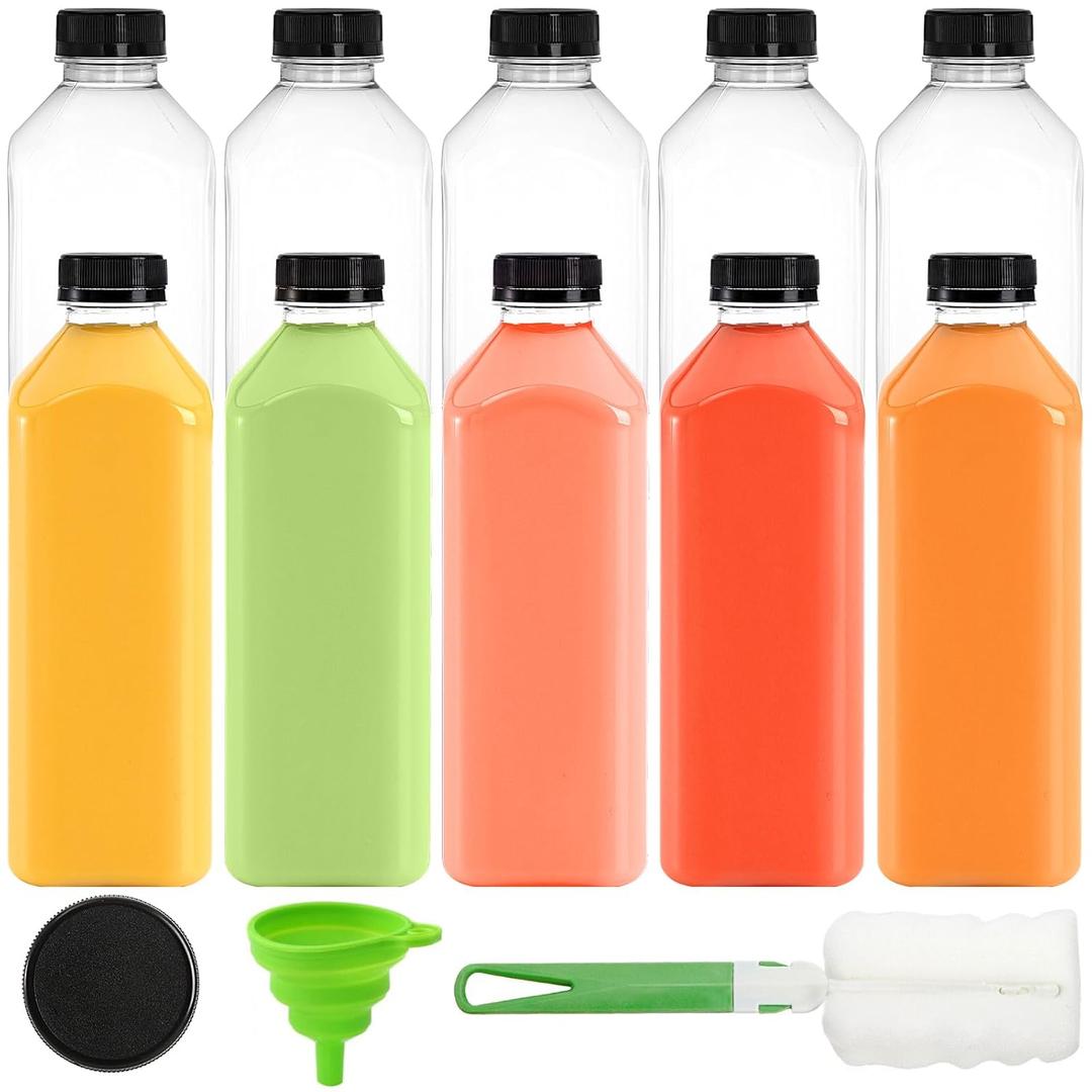 Cedilis 10 Pack 33oz Plastic Juice Bottles with Black Cap, Clear Reusable Containers with Lids, Great Disposable Bottles for Making Juice, Milk, Salad Dressing, Smoothie and Other Beverages