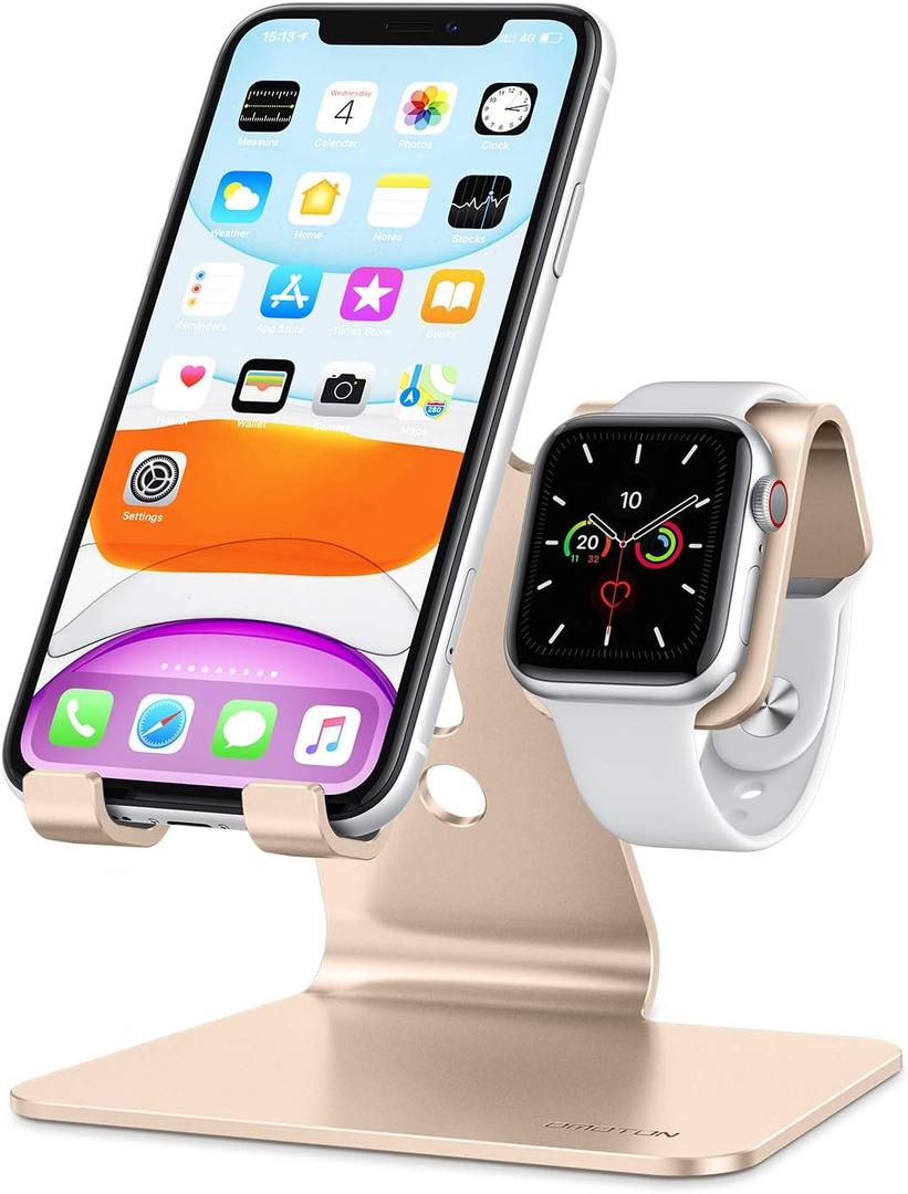 OMOTON Stand for Apple Watch - 2 in 1 Universal Desktop Stand Holder (Not Include Charger) for All iPhone 15 14 13 12 and Apple Watch Series 9/8/SE2/7/6/SE/5/4/3/2(Both 38/40/41/42/44/45mm)-Gold