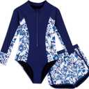 Girls Rash Guard Swimsuit 2 Piece Long Sleeve One Piece Bathing Suits with Swim Shorts Kids UPF 50+ Swimwear Sets 8Y