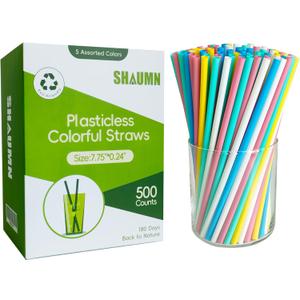 500 pcs 7.75" Plastic-Free Colorful Disposable Smoothie Straws,Plant-Based Sturdy Plasticless Stylish Party Straws for Cold/Hot Drinks Not Soggy