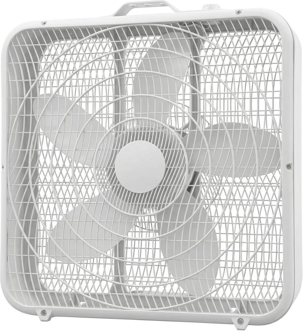 Comfort Zone Box Fan with Carry Handle, 20 inch, 3 Speed Full-Force Air Circulation Window Fan, Bedroom Floor Fan with 5 Blades, White Noise Cooling Fan, White