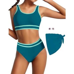 Teen Girls Swimsuit High Waist Sporty Bikini Bathing Suits with Cover Up Skirt and Sunglasses 4 Piece Set, Size: 14-15 Years