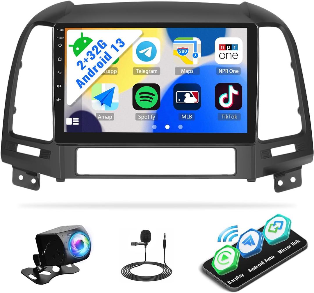 SIXWIN 2G+32G 9 inch Touchscreen Android 13 Car Radio for Hyundai Santafe 2006-2012 with Wireless Carplay Android Auto Mirror Link 26UI Bluetooth with GPS Navigation WiFi EQ FM Backup Camera MIC