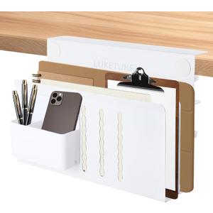 LUKETURE Laptop Holder, Steel Desk Side Storage, No Drill Standing Desk Accessories, Laptop Mount with Pen Holder, Back to School Supplies, Fits Flat Edge Tables 0.3" to 2.8" (White, L(2 Tier))