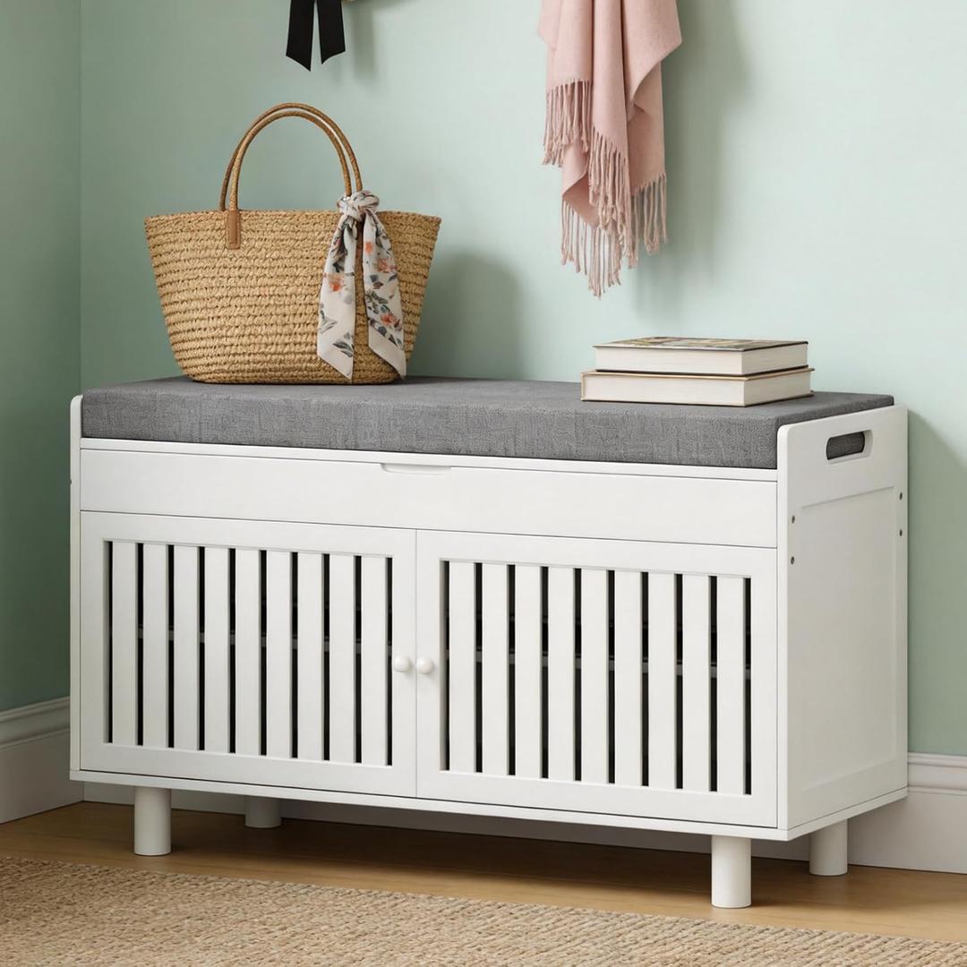 oakvivo 35.4in Shoe Bench with Storage, Bamboo Entryway Bench with Lift Top Hidden Storage & Padded Seat, 2 Doors 2-Tier Narrow Shoe Rack Cabinet Organizer for Hallway Mudroom Bedroom, White