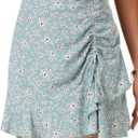 Vrtige Women's Boho Floral Print High Waist Drawstring Ruffle Hem Summer Mini Skirt (Blue, S)