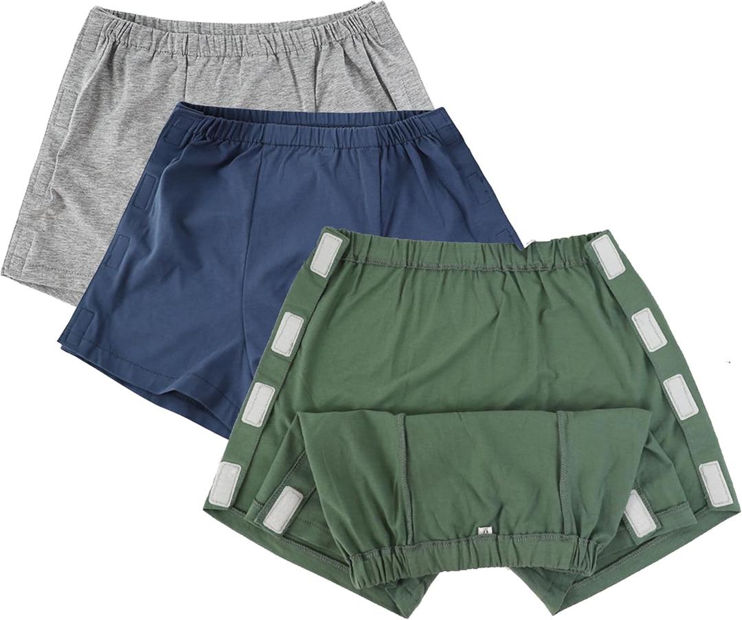 3 Pack Tear Away Underwear, Post Surgery Boxer Briefs for Men, Disabled Adaptive Underwear, Stick-on Briefs, XS/W23 (Medium, Green/Blue/Light Gray)