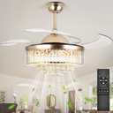 36'' Fandelier Ceiling Fans with Light, Gold Retractable Crystal Chandelier Fan, Reversible, Remote Control, Dimmable Ceiling Light Kits for Dining Living Room, Bedroom