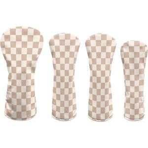 Golf Head Covers for Woods and Driver Fairway Hybrid Funny PU Leather Golf Club Head Covers for Women Men Golf Accessories for Halloween Christmas Birthday Present (Wood Set - 4 Pcs, Beige Checkered)