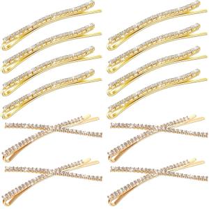 12 Pieces Rhinestone Bobby Pins Decorative Fancy Crystal Hair Clips Shiny Metal X Shaped Barrettes Bling Diamond Wedding Bridal Shower Hair Accessories for Women Ladies Girls (Gold)