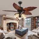 52'' Tropical Ceiling Fan with Remote Palm Wooden Leaf Ceiling Fan with 5 Glass Lampshade and Hand-Carved Reversible Blades for Indoor/Outdoor Living Room Bedroom Kitchen by Arkonfire