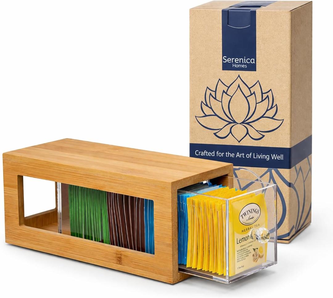 Bamboo and Acrylic Drawer Tea Bag Holder- Durable & Elegant Tea Bag Storage Holder for Kitchen Countertop, Space-Saving Tea Drawer Organizer