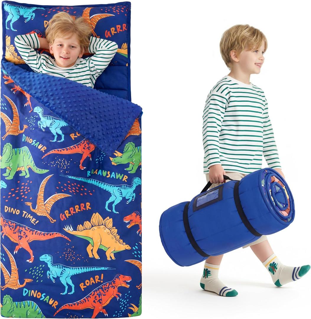 JOIEDOMI Toddler Sleeping Bag for Kids 55''x30'' Nap Mat with Removable Pillow and Minky Blanket for Toddler Ages 3-7 Roll Up Soft Kids Sleeping Bag for Boys Girls Kindergarten Daycare Sleepover, Colorful Dinosaur 