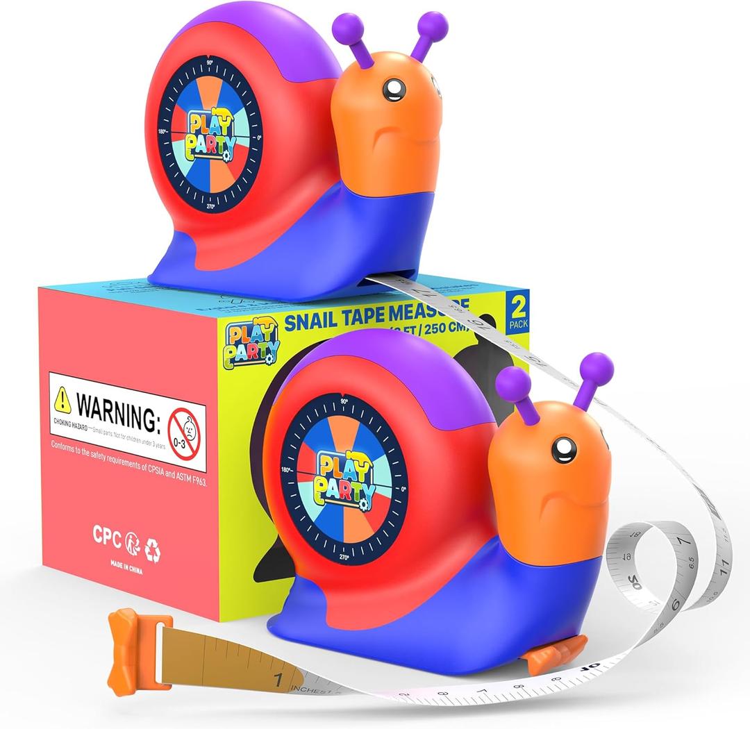 PLAYPARTY 8ft Kids Tape Measure, STEM Educational Tool with Level, Protractor and Eraser, Retractable Snail Shaped Measuring Tapes, Child-Safe Stocking Stuffers Gift for Boys & Girls 3+, Double Blue